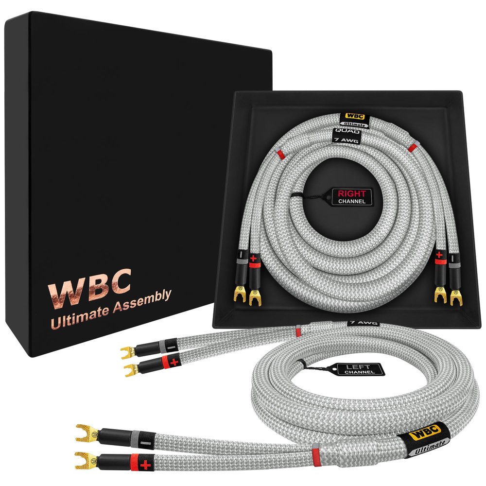WORLDS BEST CABLES 8 Foot Ultimate - 7 AWG - Ultra-Pure OFC Extra Premium Audiophile HiFi Speaker Cable Pair with Eminence Spade Plugs & Silver Tweed Jacket