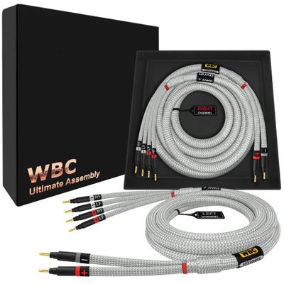 WORLDS BEST CABLES 6 Foot Ultimate - 7 AWG - Ultra-Pure OFC Extra Premium Audiophile HiFi Bi-Wire Speaker Cable Pair with Eminence Gold Banana Plugs & Silver Tweed Jacket