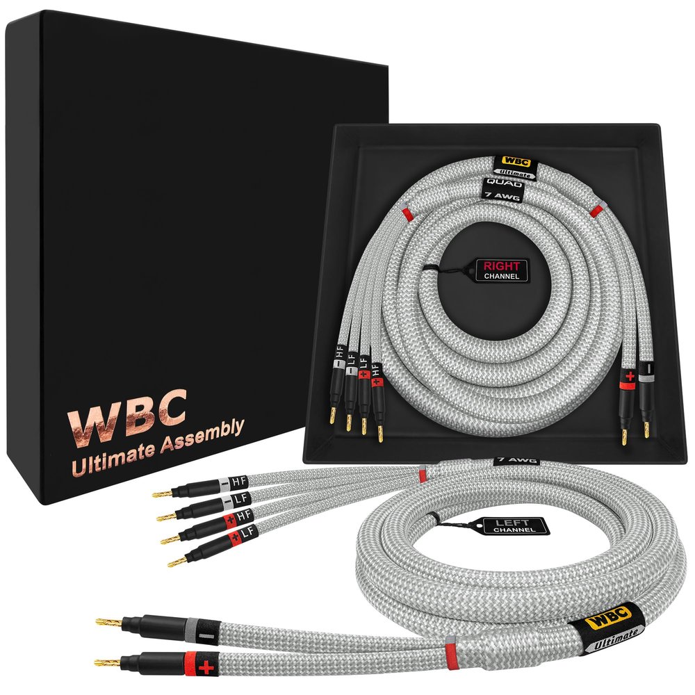 WORLDS BEST CABLES 6 Foot Ultimate - 7 AWG - Ultra-Pure OFC Extra Premium Audiophile HiFi Bi-Wire Speaker Cable Pair with Eminence Gold Banana Plugs & Silver Tweed Jacket