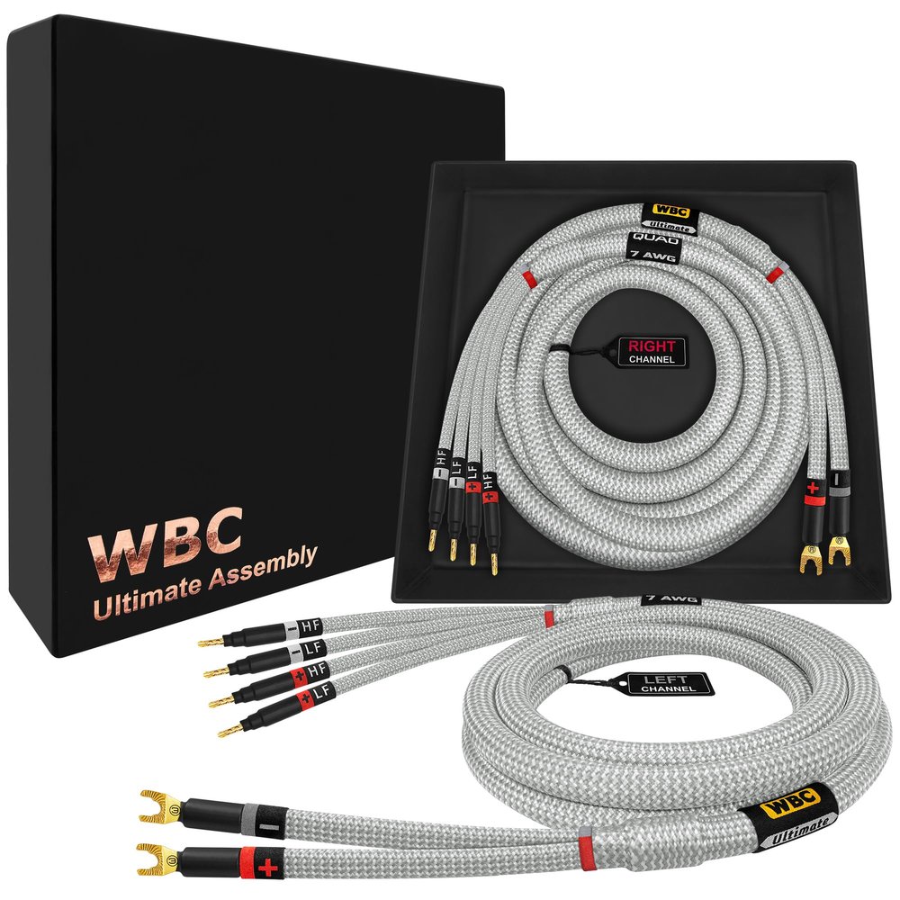 WORLDS BEST CABLES 12 Foot Ultimate - 7 AWG - Ultra-Pure OFC Extra Premium Audiophile HiFi Bi-Wire Speaker Cable Pair with Eminence Gold Spade (x2) & Banana (x4) Plugs & Silver Tweed Jacket