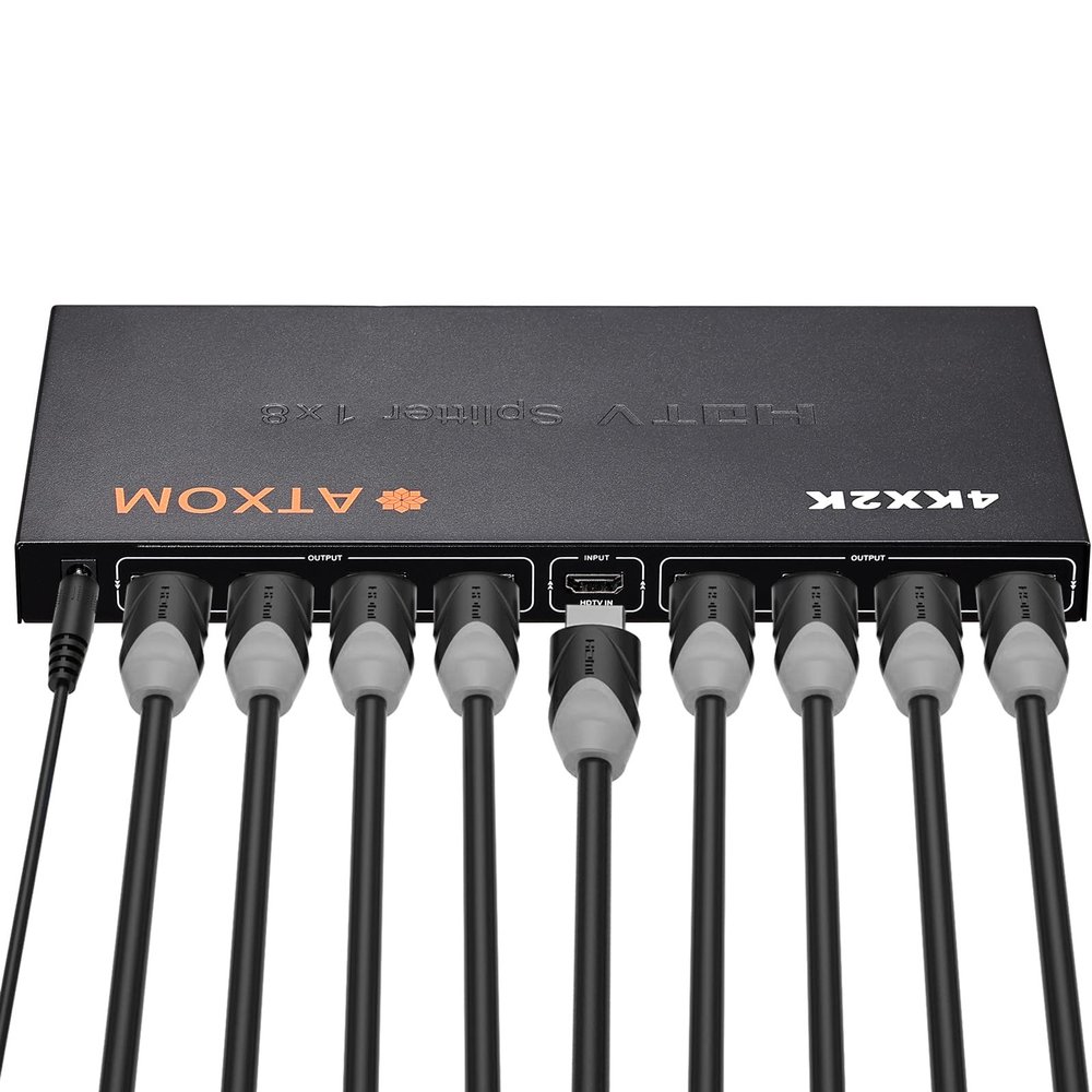 ATXOM HDMI Splitter 1 in 8 Out - 1x8 HDMI Display Duplicate/Mirror - Powered Splitter Full HD 1080P, 4K - One Source to Eight Identical Displays