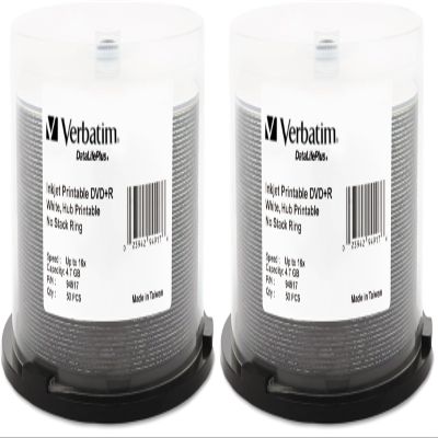 Verbatim DVD+R 4.7GB 16X DataLifePlus White Inkjet Printable, Hub Printable - 50pk Spindle - 94917, White (Pack of 2)