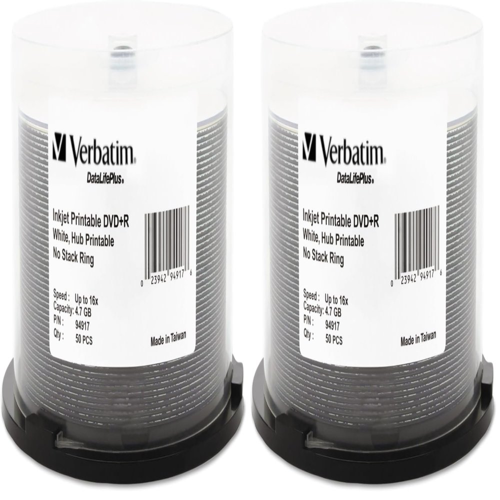 Verbatim DVD+R 4.7GB 16X DataLifePlus White Inkjet Printable, Hub Printable - 50pk Spindle - 94917, White (Pack of 2)