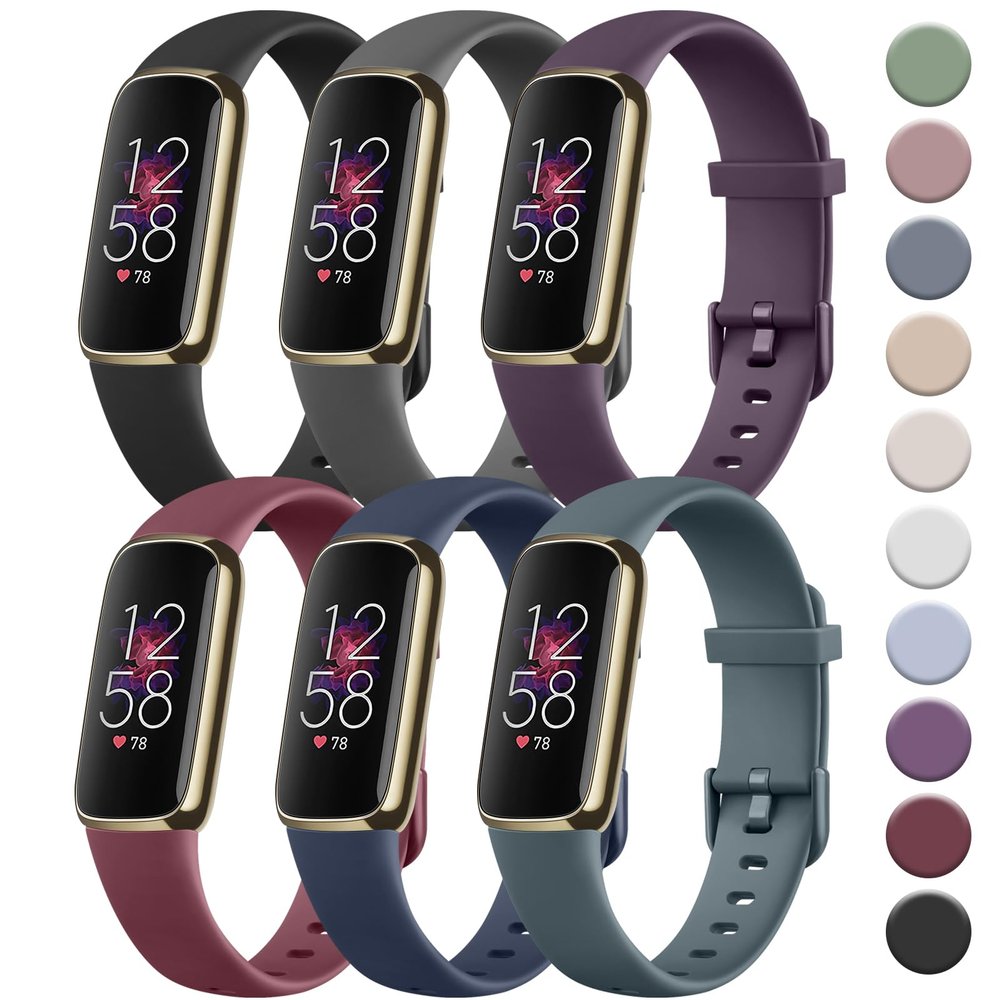 Tobfit 6 PACK Sport Bands Compatible with Fitbit Luxe Bands for Women Men, Soft Silicone Waterproof Straps Replacement Wristbands Compatible for Fitbit Luxe Watch Band,Large, Black/Dark Grey/Dark