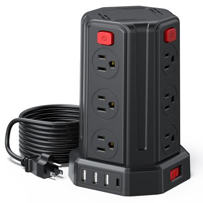 Power Strip Surge Protector, 10 Ft Extension Cord with 12 AC Multiple Outlets 4 USB (1 USB C), SMALLRT Power Tower Desktop Charging Station (Black, 10 FT PD20W)