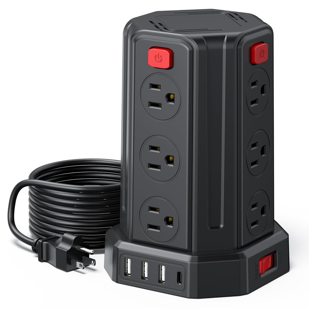 Power Strip Surge Protector, 10 Ft Extension Cord with 12 AC Multiple Outlets 4 USB (1 USB C), SMALLRT Power Tower Desktop Charging Station (Black, 10 FT PD20W)