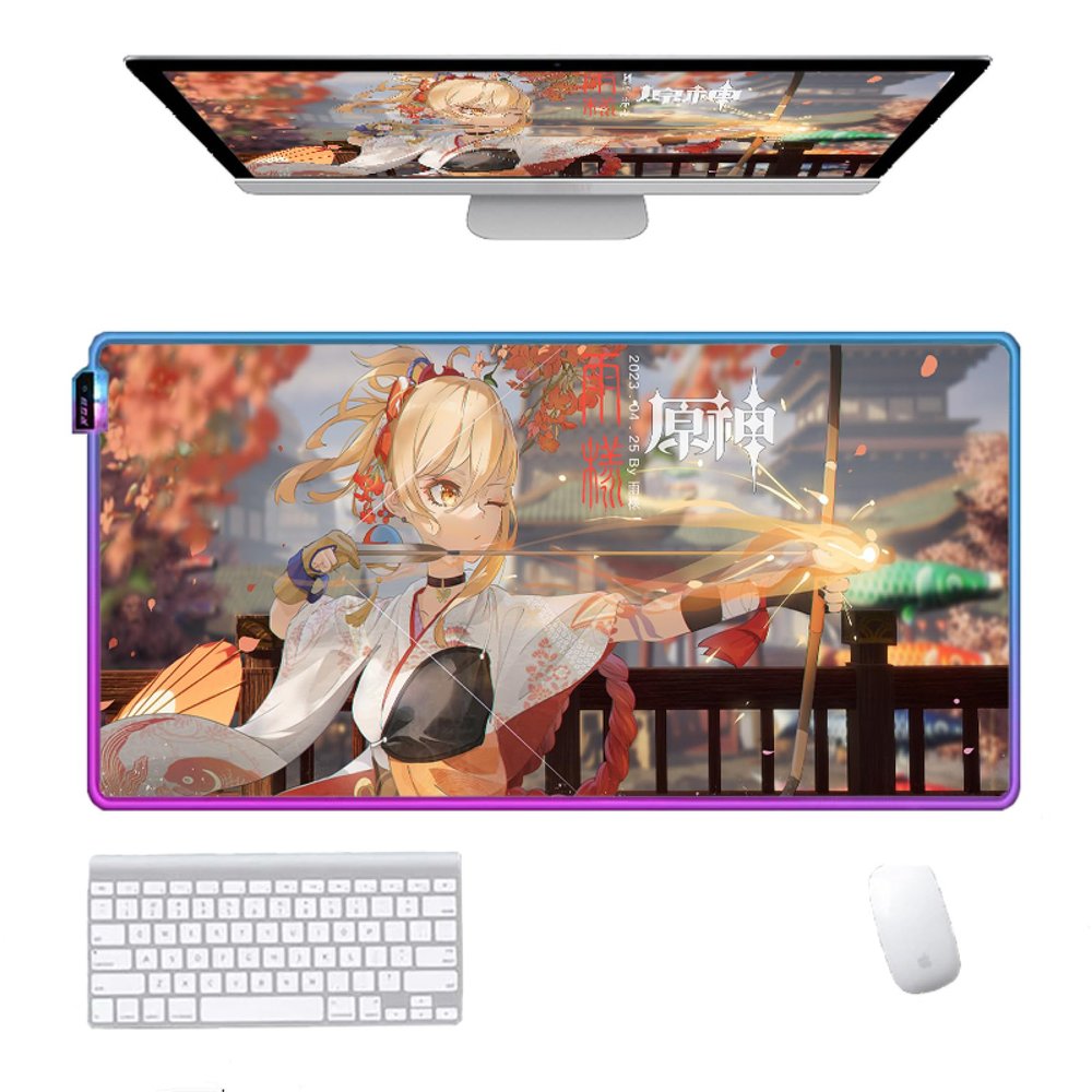Mouse Pads Anime Beautiful Girl RGB Gaming Mouse Pad/Custom Anime Led Mouse Pad, LED Light Edges & Non-Slip Rubber Base Glowing Mat for Mouse and Keyboard,M(11.8"X27.5")
