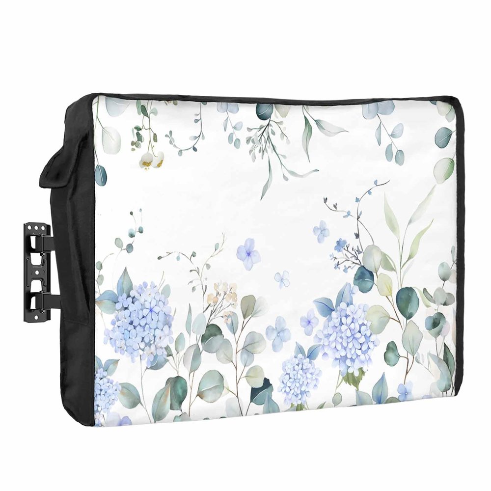 Blue Floral Outdoor TV Cover 52-55 Inch Weatherproof, Oxford Heavy Duty Waterproof Outside Flat Screen TV Cover Protector for Television Accessories Pastoral Eucalyptus Leaves Summer Botanical