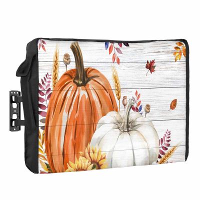 Fall Thanksgiving Outdoor TV Cover 30-32 Inch Weatherproof,Oxford Heavy Duty Waterproof Outside Flat Screen TV Cover Protector for Television Accessories Maple Leaf Orange Gray Pumpkin Retro Wooden