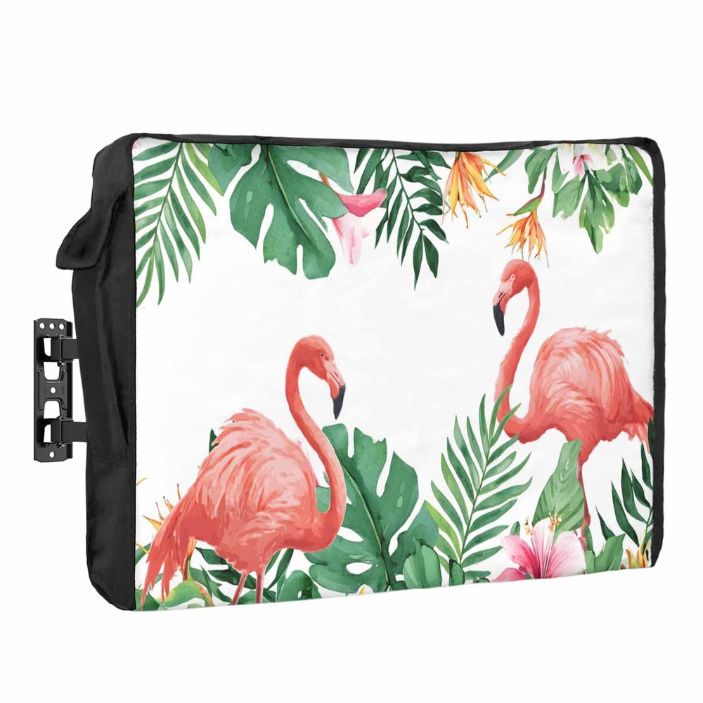 Edwiinsa Summer Flamingo Outdoor TV Cover 80-85 Inch Weatherproof, Oxford Heavy Duty Waterproof Outside Flat Screen TV Cover Protector for Television Accessories Green Botanical Tropical Plants