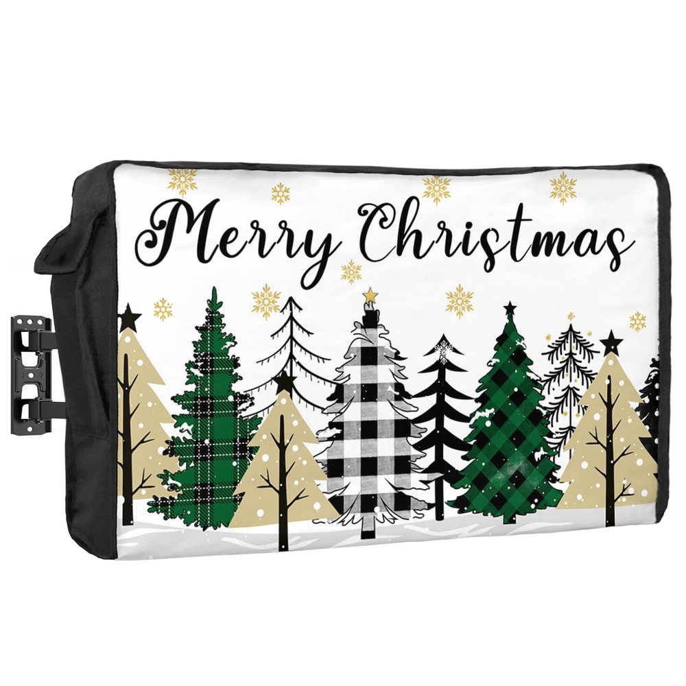 Christmas Tree Outdoor TV Cover 30-32 Inch Weatherproof,Oxford Heavy Duty Waterproof Outside Flat Screen TV Cover Protector for Television Accessories Merry Christmas Green Xmas Treee Winter Snowflake