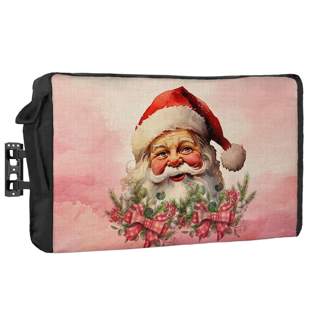Christmas Outdoor TV Cover 48-50 Inch Weatherproof,Oxford Heavy Duty Waterproof Outside Flat Screen TV Cover Protector for Television Accessories Pink Xmas Santa Berry Botanical Winter Snowflake