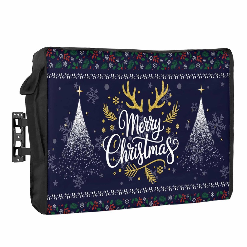 Christmas Outdoor TV Cover 36-39 Inch Weatherproof,Oxford Heavy Duty Waterproof Outside Flat Screen TV Cover Protector for Television Accessories Navy Blue Winter Botanical Xmas Tree Snowflake