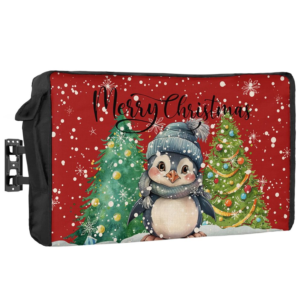 Red Penguin Christmas Outdoor TV Cover 70-75 Inch Weatherproof, Oxford Heavy Duty Waterproof Outside Flat Screen TV Cover Protector for Television Accessories Xmas Tree Winter Snowflake