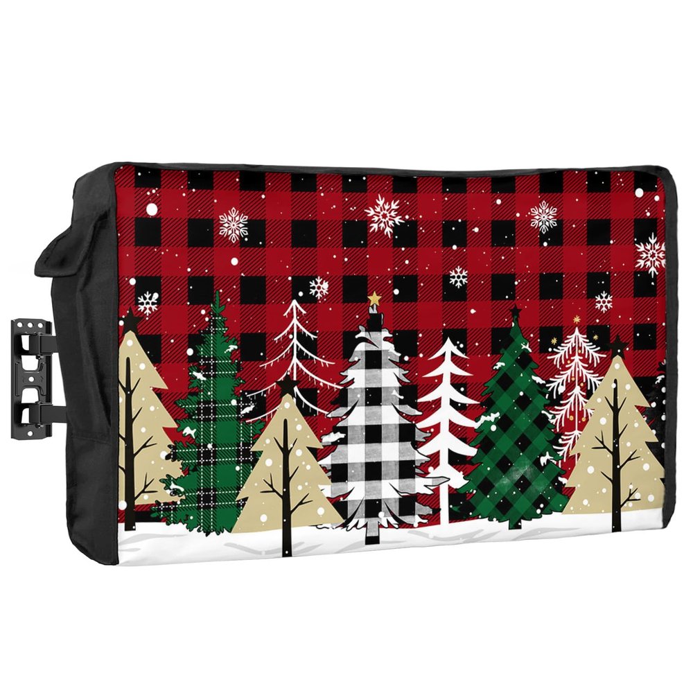 Christmas Tree Outdoor TV Cover 60-65 Inch Weatherproof,Oxford Heavy Duty Waterproof Outside Flat Screen TV Cover Protector for Television Accessories Red Black Checkered Xmas Tree Winter Snowflake