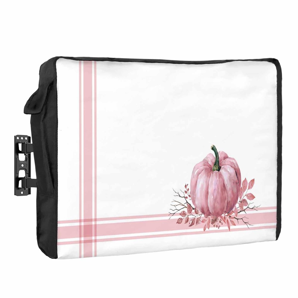 Pink Pumpkins Fall Outdoor TV Cover 48-50 Inch Weatherproof, Oxford Heavy Duty Waterproof Outside Flat Screen TV Cover Protector for Television Accessories Thanksgiving Maple Leaf Pink Striped