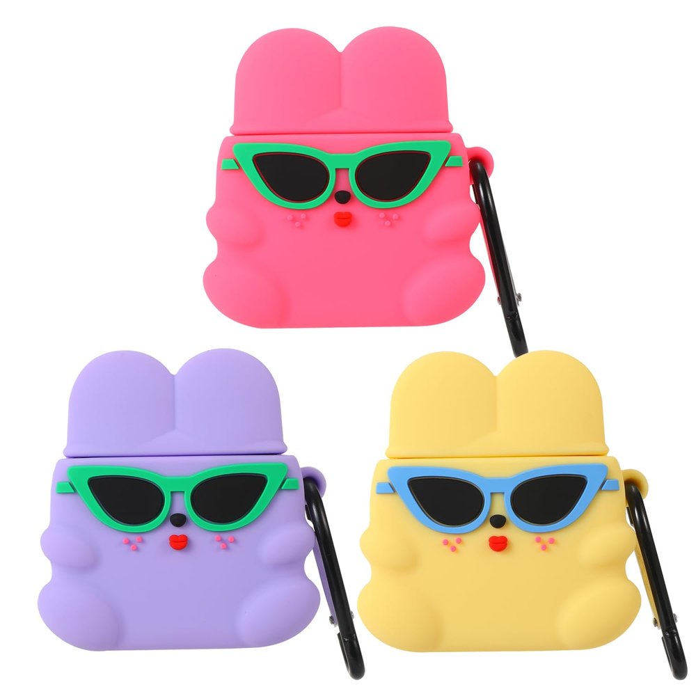3 Pack 3D Cute Cool Sunglasses Rabbit Case for Airpod 2/1,3D Cute Airpod 2 Case for Kids Boys Girls Teens Women,Fashion Gift Kawaii Sunglasses Rabbit Soft Silicone Case for Airpods 1st/Airpods 2nd