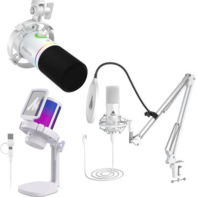 MAONO Podcast Equipment Bundle, Noise Cancellation mic with Mute, Gain, Monitoring for Streaming, Podcast, Twitch, YouTube, Discord, PC, Computer, PS4, PS5, Mac(White)