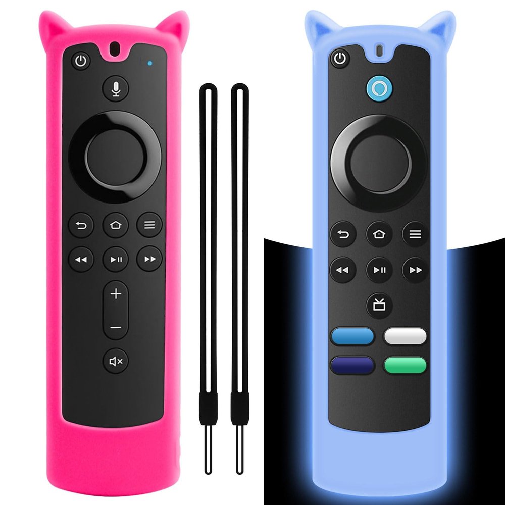 2 Pack Silicone Remote Cover Case Glow in The Dark, Anti-Slip Silicone Protective Case with Lanyard Blue & Rose Red