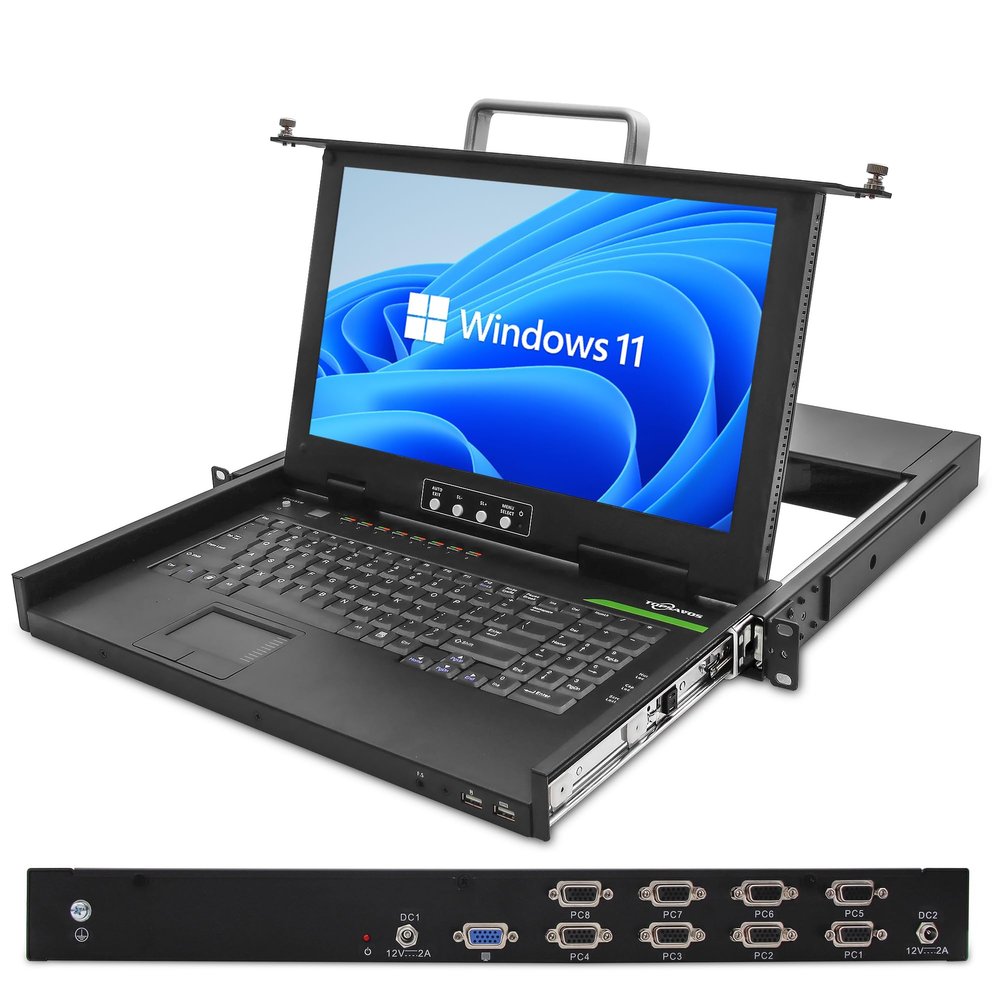 1U Rack Mount KVM Console, 1080P 15.6" LCD Monitor, 8 Port VGA KVM Switch with Keyboard Touchpad, OSD Control, 8 VGA USB KVM Cables, Dual Power Supply, All in One for Short Depth Network Cabinets
