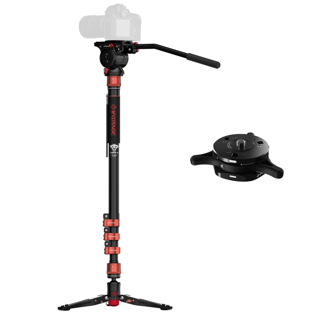 IFOOTAGE 71 "Aluminum monopod, Video Fluid Head and Quick Release Version, Cobra 3 A180F, Retractable Video monopod with feet, Professional SLR monopod, Compatible with Sony Canon Nikon SLR Cameras