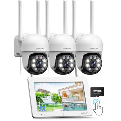 Camcamp 3 Pack Wireless Security Camera System Outdoor with 7" Touchscreen Monitor &32GB Micro SD, No Internet Required, 360 Color Night Vision 24/7 Record Motion Detection APP Alarm IP66 Waterproof