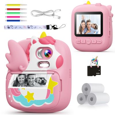 Kids Camera Instant Print, 12MP & 1080P Instant Camera for Kids with 32G Card & Print Paper, Selfie Digital Video for Toddler,Christmas Birthday Gifts for Girls Boy Age 3-12 (Pink)