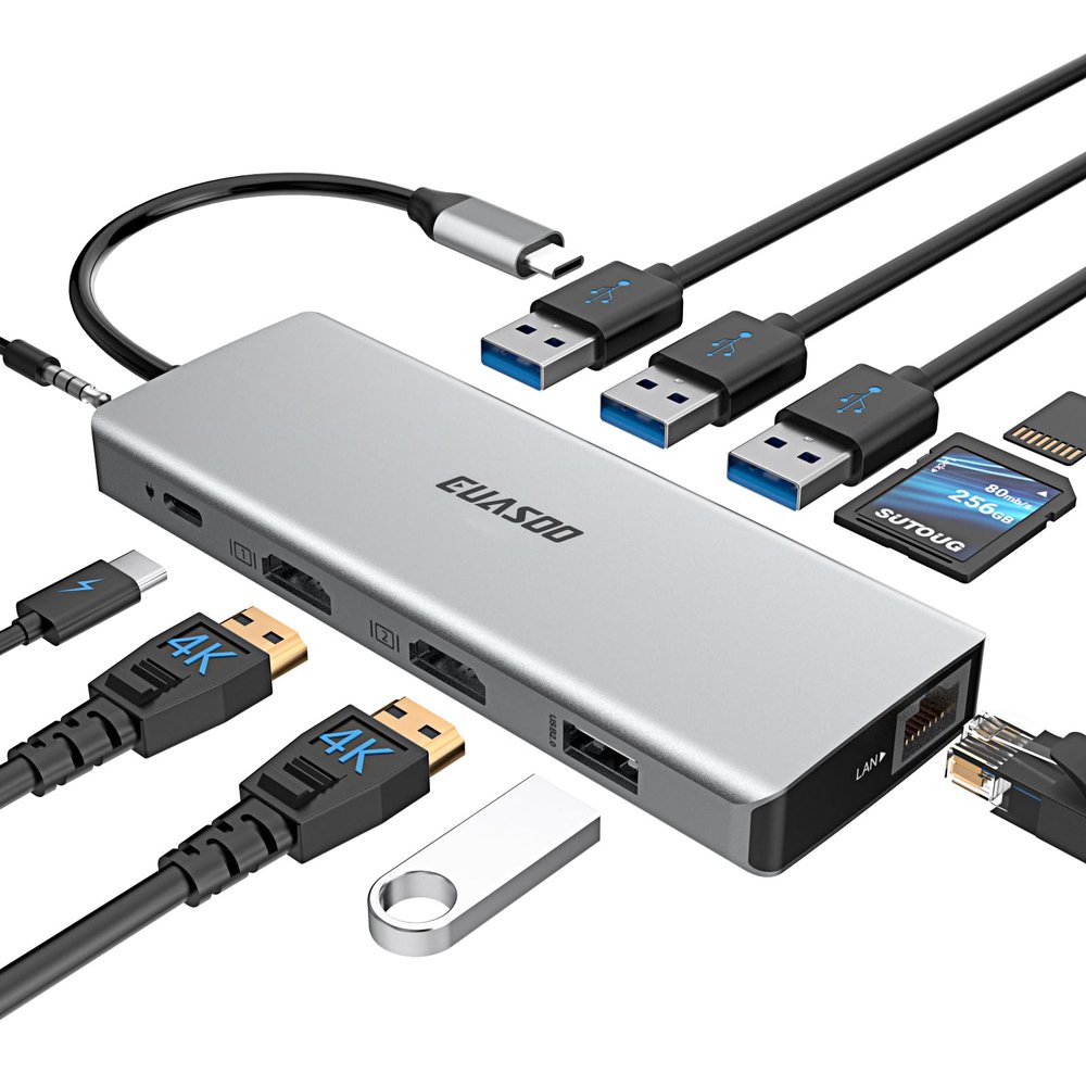 SUTOUG 11 in 1 Triple Display Docking Station with Dual 4K HDMI/1000Mbps Gigabit Ethernet/PD 3.0/4 USB 3.0 Ports for USB C Laptops, MacOS Only Support Mirror Mode