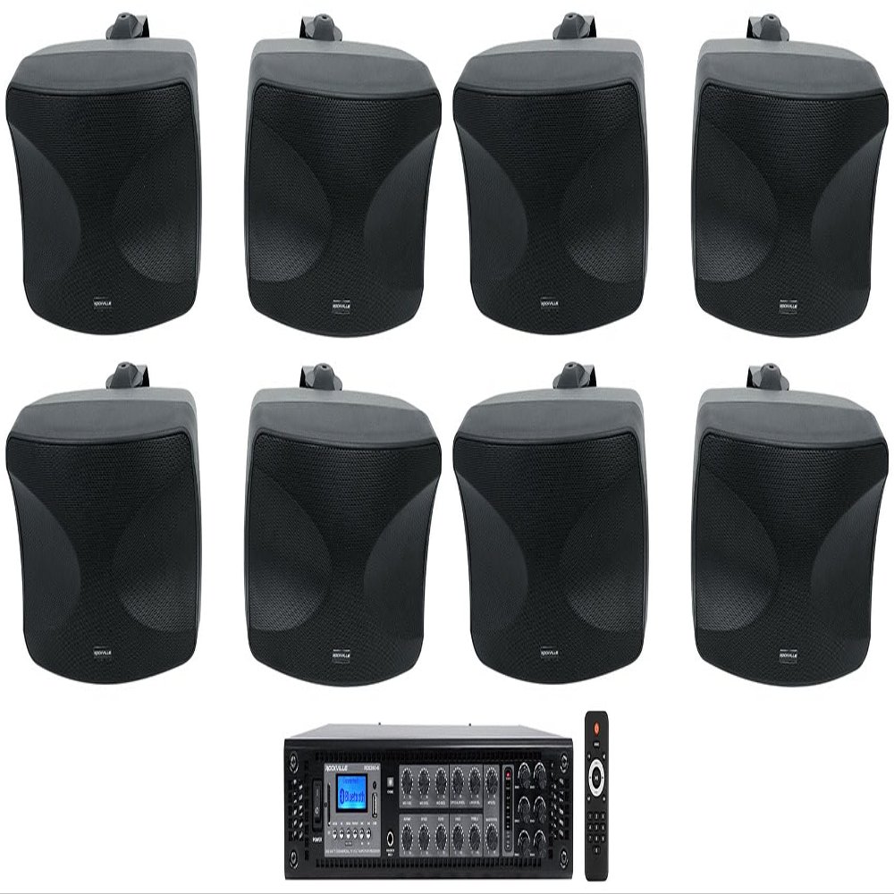 Rockville Bundle: (1) RCS350-6 350 Watt 6 Zone 70v Commercial/Restaurant Amplifier/Bluetooth + (4) Pair WET-44 PRO Dual 4" 4-Way Swivel 70V Commercial Speakers in Black (5 Item)