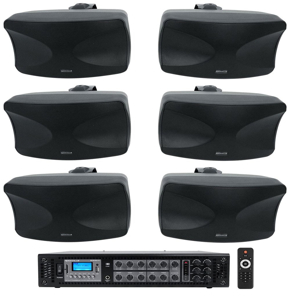 Rockville Bundle: (1) RCS180-6 180 Watt 6 Zone 70v Commercial/Restaurant Amplifier/Bluetooth + (3) Pair WET-44 PRO Dual 4" 4-Way Swivel 70V Commercial Speakers in Black (4 Item)