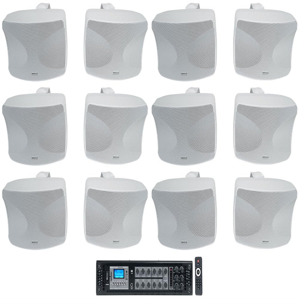 Rockville Bundle: (1) RCS650-6 650 Watt 6 Zone 70v Commercial/Restaurant Amplifier/Bluetooth + (6) Pair WET-44 PRO Dual 4" 4-Way Swivel 70V Commercial Speakers in White (7 Item)