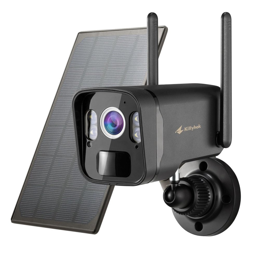 Kittyhok 2K Solar Security Camera Outdoor, 4MP Black FHD Wireless Security Camera, Solar Powered, Forever Power, Smart Detection, Night Vision, Spotlight, Weatherproof for Home Surveillance