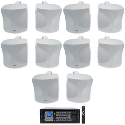 Rockville Bundle: (1) RCS350-6 350 Watt 6 Zone 70v Commercial/Restaurant Amplifier/Bluetooth + (5) Pair WET-44 PRO Dual 4" 4-Way Swivel 70V Commercial Speakers in White (6 Item)