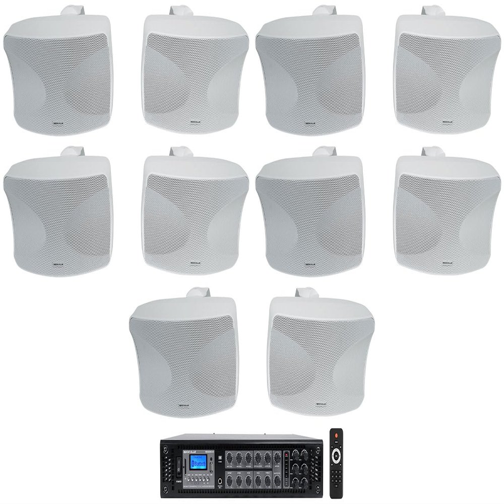 Rockville Bundle: (1) RCS350-6 350 Watt 6 Zone 70v Commercial/Restaurant Amplifier/Bluetooth + (5) Pair WET-44 PRO Dual 4" 4-Way Swivel 70V Commercial Speakers in White (6 Item)