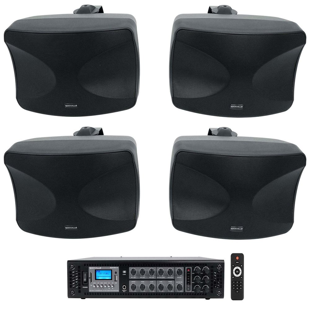 Rockville Bundle: (1) RCS180-6 180 Watt 6 Zone 70v Commercial/Restaurant Amplifier/Bluetooth + (2) Pair WET-44 PRO Dual 4" 4-Way Swivel 70V Commercial Speakers in Black (3 Item)