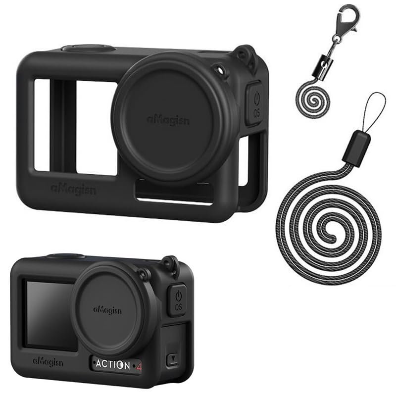 Coyktonty Silicone Cover for DJI Action 4/Action 3, Protective Case Accessories for OSMO Action 4 3, Silicone case/Lost-Proof Strap/Neck Strap/Lens Cap-4in1 Set (Black)