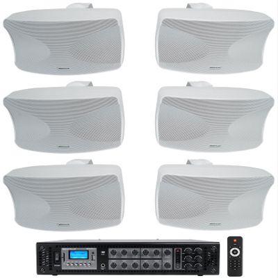Rockville Bundle: (1) RCS180-6 180 Watt 6 Zone 70v Commercial/Restaurant Amplifier/Bluetooth + (3) Pair WET-44 PRO Dual 4" 4-Way Swivel 70V Commercial Speakers in White (4 Item)