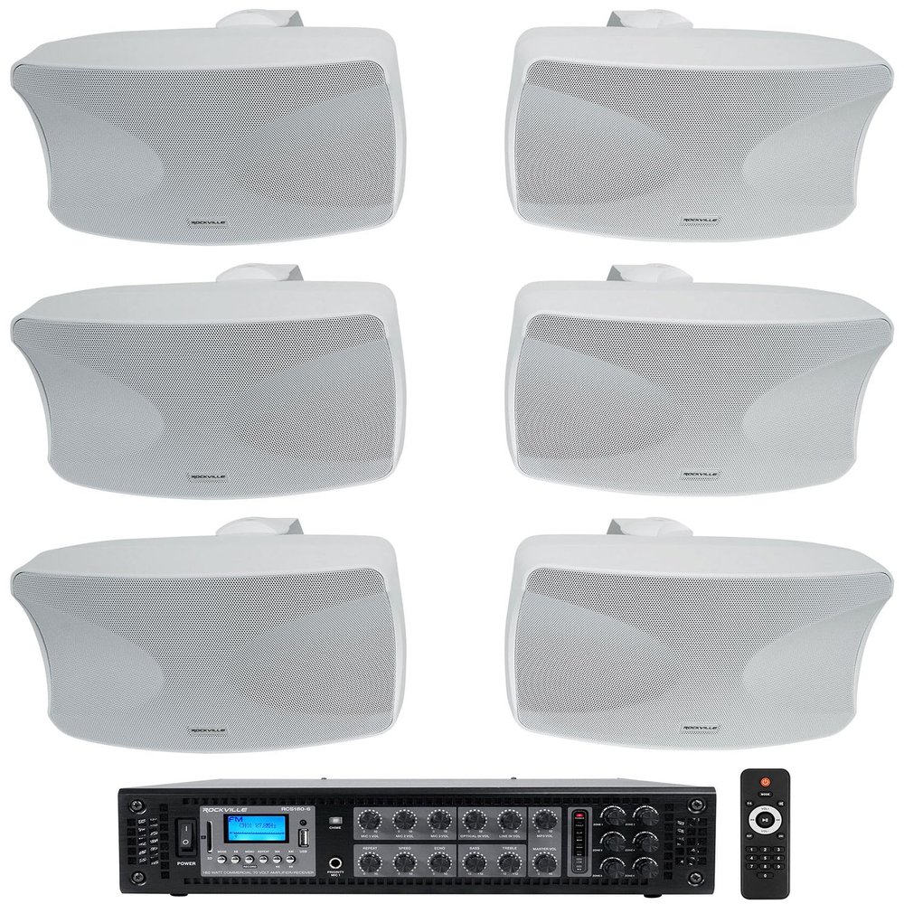 Rockville Bundle: (1) RCS180-6 180 Watt 6 Zone 70v Commercial/Restaurant Amplifier/Bluetooth + (3) Pair WET-44 PRO Dual 4" 4-Way Swivel 70V Commercial Speakers in White (4 Item)