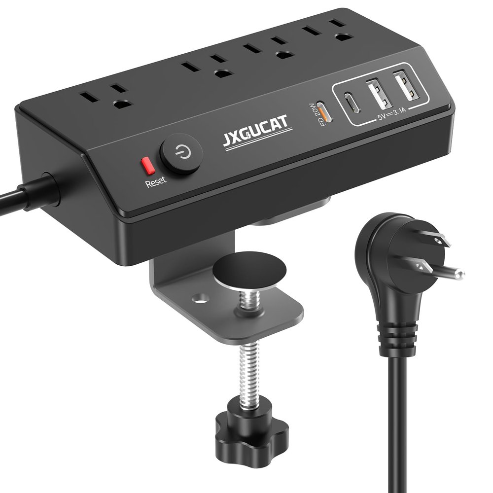 Desk Clamp Power Strip with PD 20W Fast Charging USB C, JXGUCAT 10FT Desktop Mount Power Strip Surge Protector, Removable Extension Cord with 4 Outlets 4 USB Ports, Fit 1.8" Tabletop Edge, Black