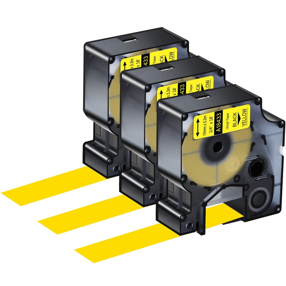 3 Pack Compatible for Dymo Rhino 18433 3/4" 19mm Black on Yellow Pro IND Vinyl Label Tape for Rhino and 3M Label Maker Tape