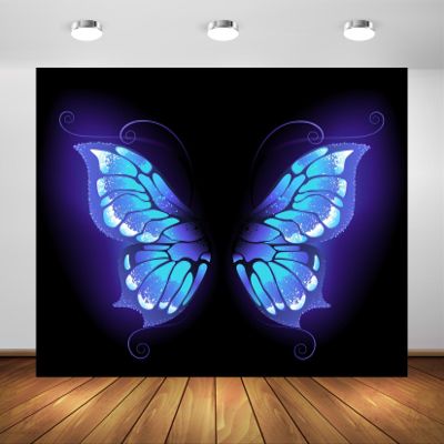 BELECO 10x8ft Fabric Magic Butterfly Wings Backdrop Blue Purple Wings Black Background for Butterfly Theme Party Decorations Kids Adults Artistic Portrait Photoshoot Studio Booth Props