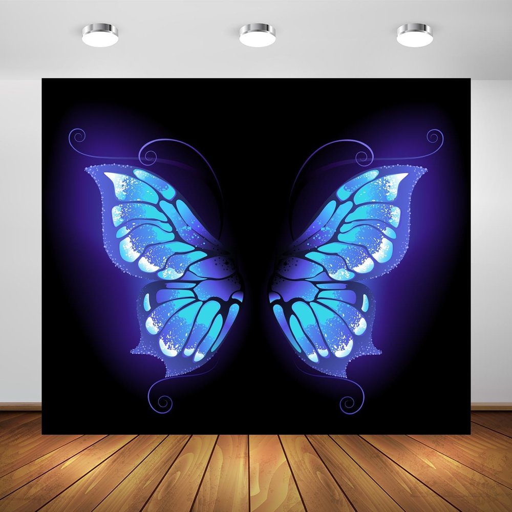 BELECO 10x8ft Fabric Magic Butterfly Wings Backdrop Blue Purple Wings Black Background for Butterfly Theme Party Decorations Kids Adults Artistic Portrait Photoshoot Studio Booth Props