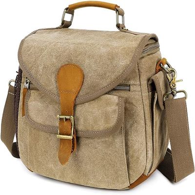 AGDHERSNVX Waxed Canvas Camera Bag DSLR/SLR/Mirrorless Sling Waterproof Purse with Tripod Holder Anti-shock Crossbody Case Compatible for Nikon Canon Sony Khaki