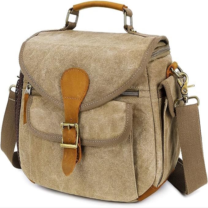 AGDHERSNVX Waxed Canvas Camera Bag DSLR/SLR/Mirrorless Sling Waterproof Purse with Tripod Holder Anti-shock Crossbody Case Compatible for Nikon Canon Sony Khaki