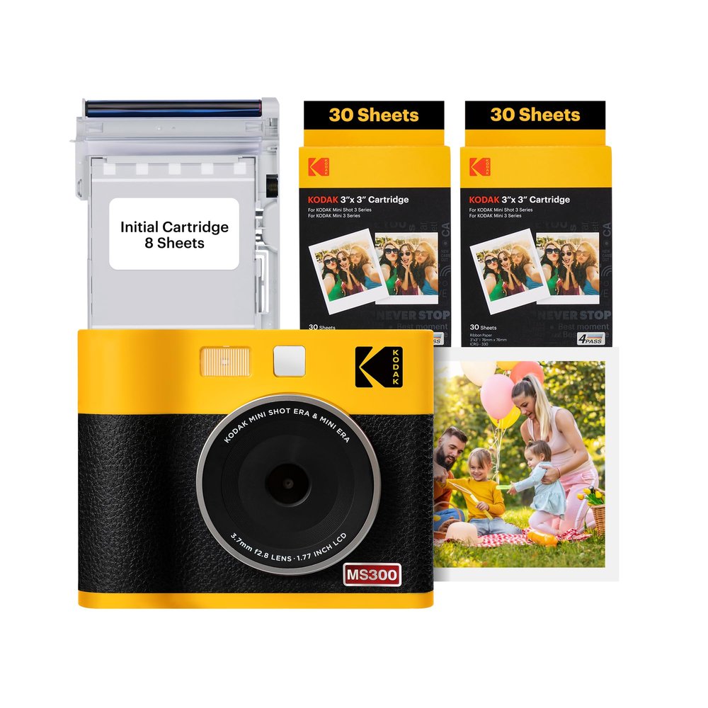 KODAK Mini Shot 3 ERA 4PASS 2-in-1 Instant Camera and Photo Printer (Yellow, Camera + Initial 8 Sheets + 60 Sheets)