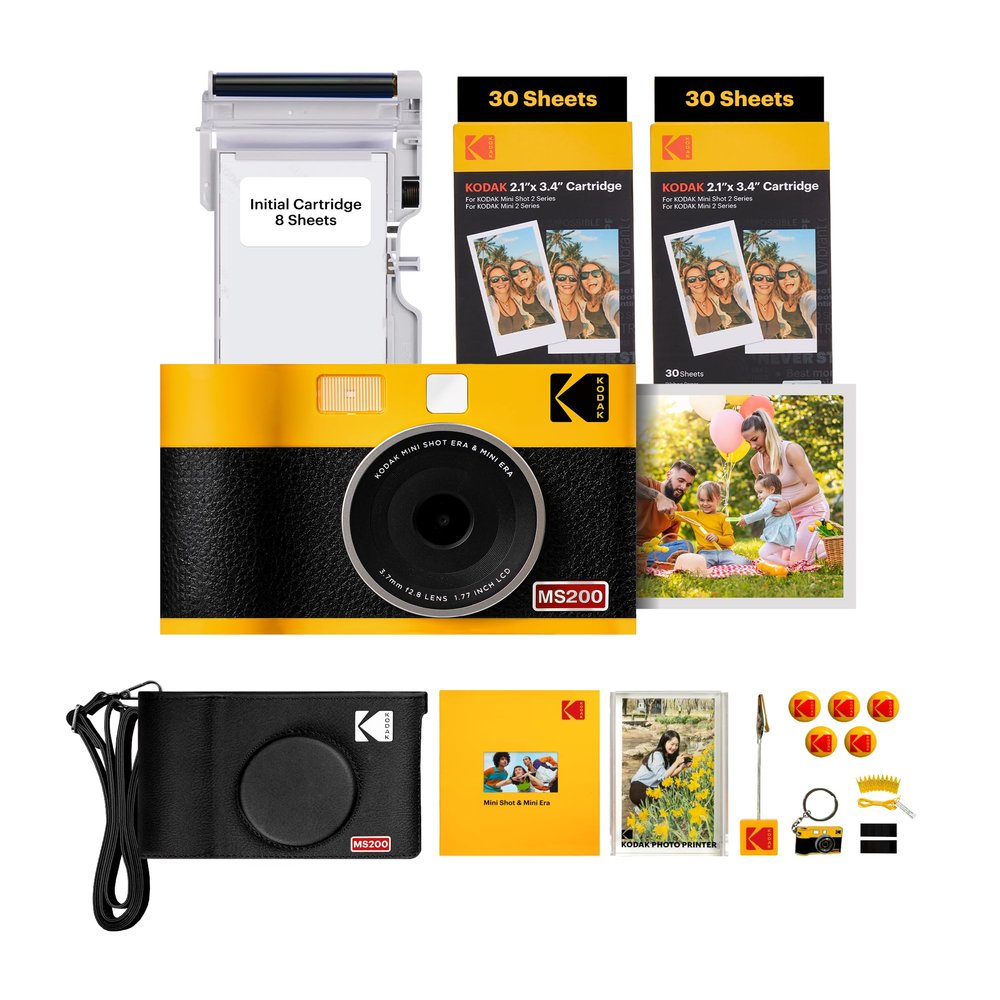 KODAK Mini Shot 2 ERA 4PASS 2-in-1 Instant Camera and Photo Printer (Yellow, Camera + Initial 8 Sheets + 60 Sheets + Accessories)