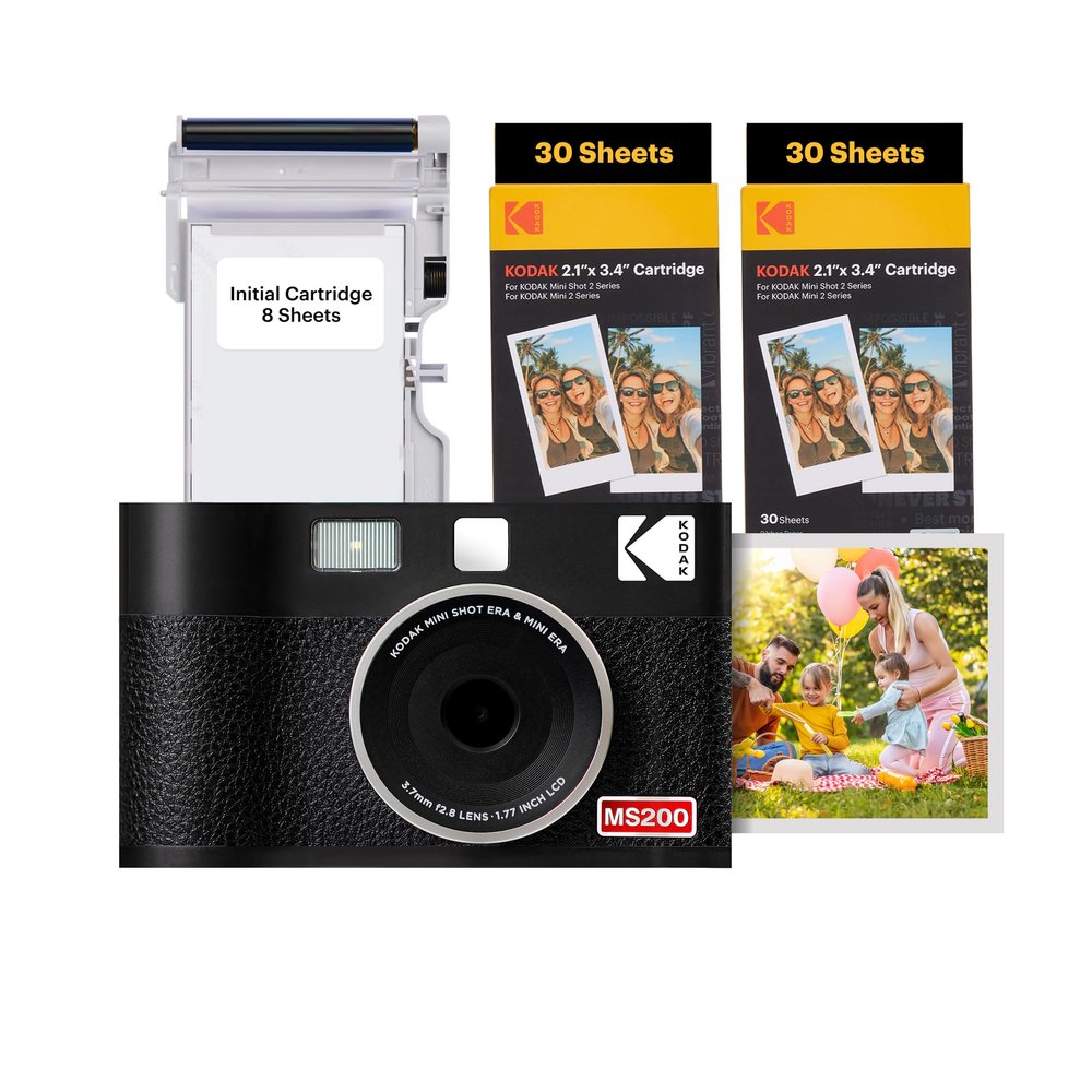 KODAK Mini Shot 2 ERA 4PASS 2-in-1 Instant Camera and Photo Printer (Black, Camera + Initial 8 Sheets + 60 Sheets)