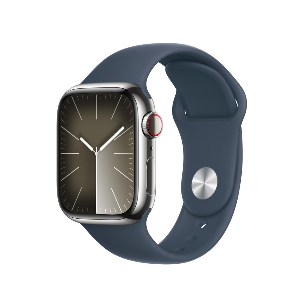 Apple Watch Series 9 [GPS + Cellular 41mm] Smartwatch with Silver Stainless Steel Case with Storm Blue Sport Band M/L. Fitness Tracker, Blood Oxygen & ECG Apps, Always-On Retina Display