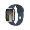 Apple Watch Series 9 [GPS + Cellular 41mm] Smartwatch with Silver Stainless Steel Case with Storm Blue Sport Band M/L. Fitness Tracker, Blood Oxygen & ECG Apps, Always-On Retina Display view 1