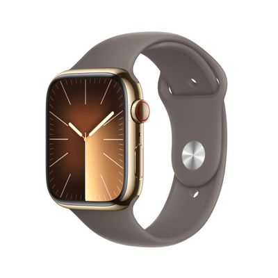 Apple Watch Series 9 [GPS + Cellular 45mm] Smartwatch with Gold Stainless Steel Case with Clay Sport Band M/L. Fitness Tracker, Blood Oxygen & ECG Apps, Always-On Retina Display